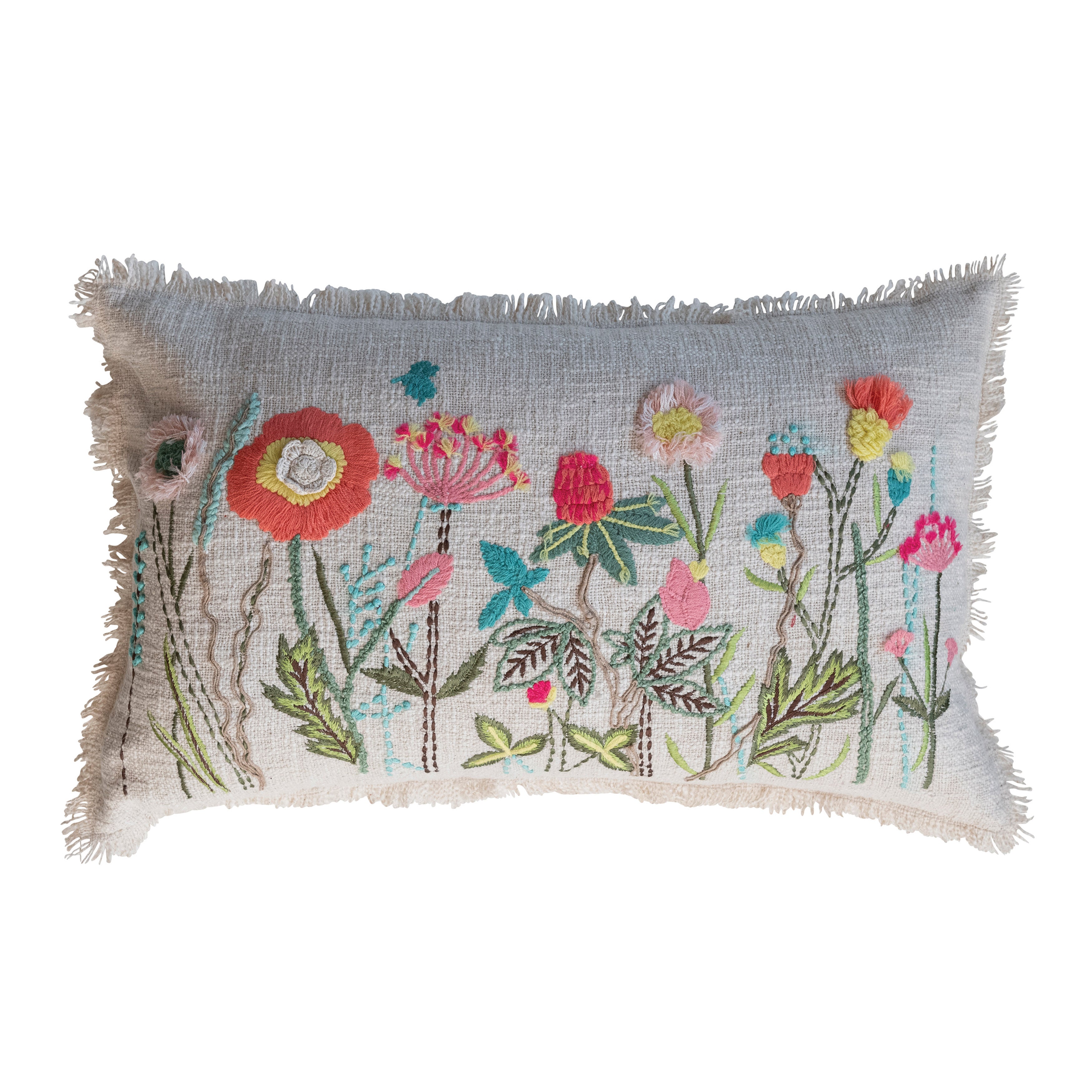 Multicolor Cotton Slub Lumbar Pillow with Fringe & Floral Design
